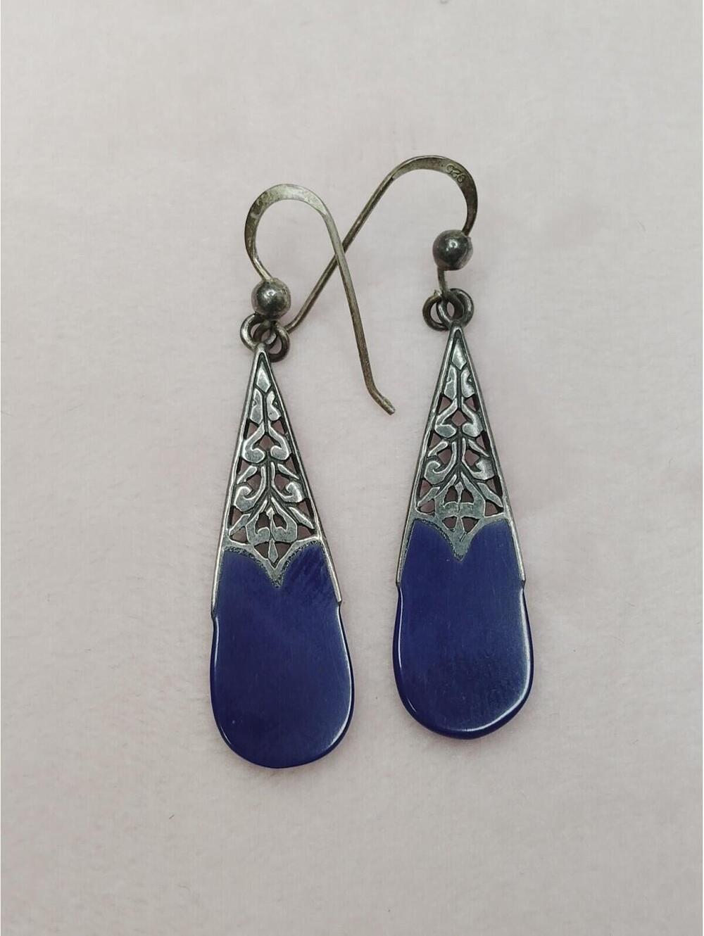 Vintage Blue Lapis Lazuli Signed Sterling Silver Filigree Teardrop Earrings